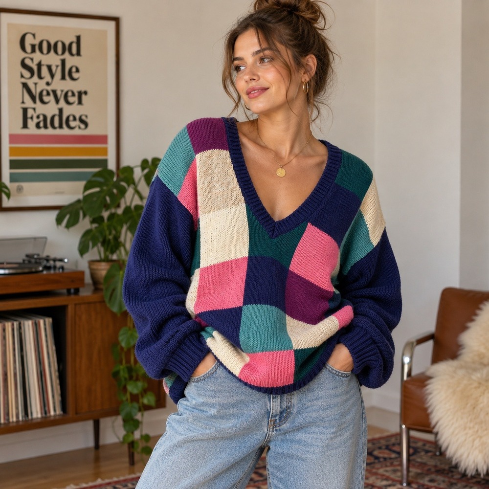 Vintage 80s Colorblock Sweater L Oversized V Neck Patchwork Paris Sport Club